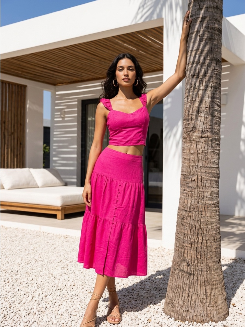 NWT Japna Womens Large Hot Pink Crop Top Midi Skirt 2 Pc Set Ruffle Smocked